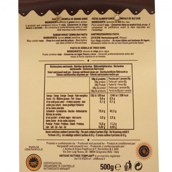 Paccheri 500g - Pâtes de Gragnano Igp - Antiche Fattorie Templari